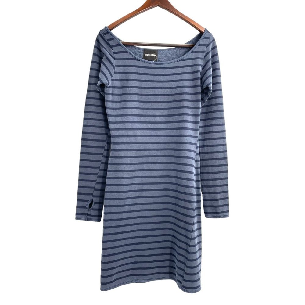 MONROW Blue Striped Sweater Dress Womens Size Large Thumb Holes 100% Cotton